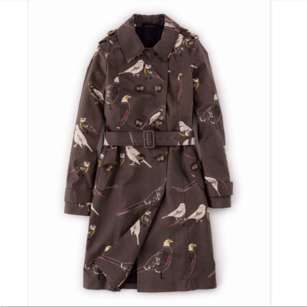 Boden Trench Coat Birds on Brown EUC —Size 8